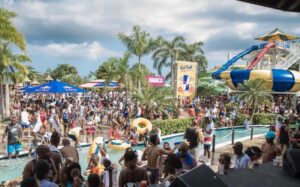 revellers celebrating at a pool party